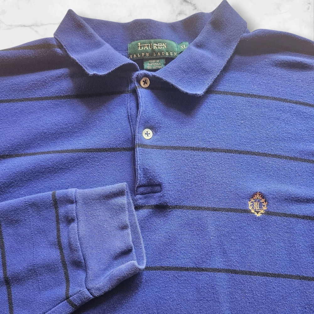 Lauren Ralph Lauren XL Men Long Sleeve Polo Shirt Blue Striped Cotton Crest Logo